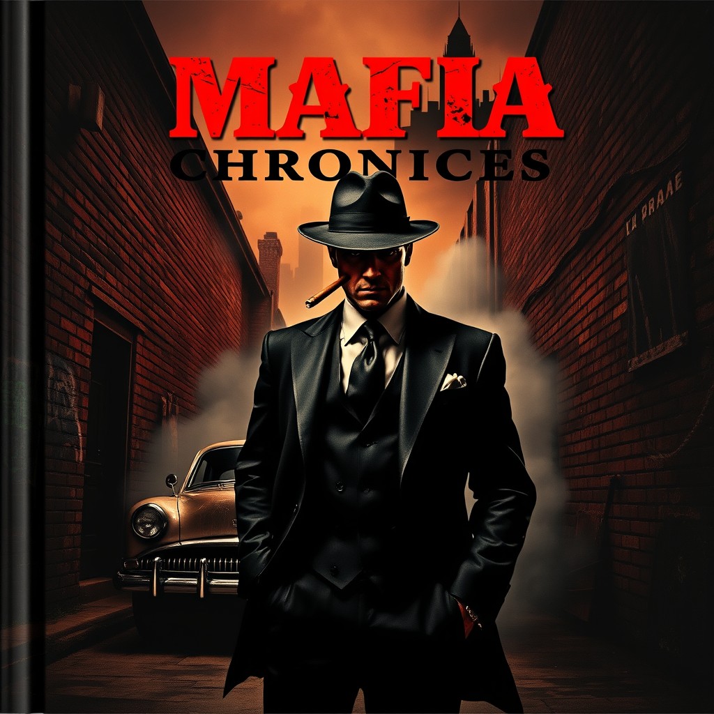 A dramatic and intense mafia cover, featuring a mysterious figure in a tailored black suit and fedora, standing in a dimly lit alleyway