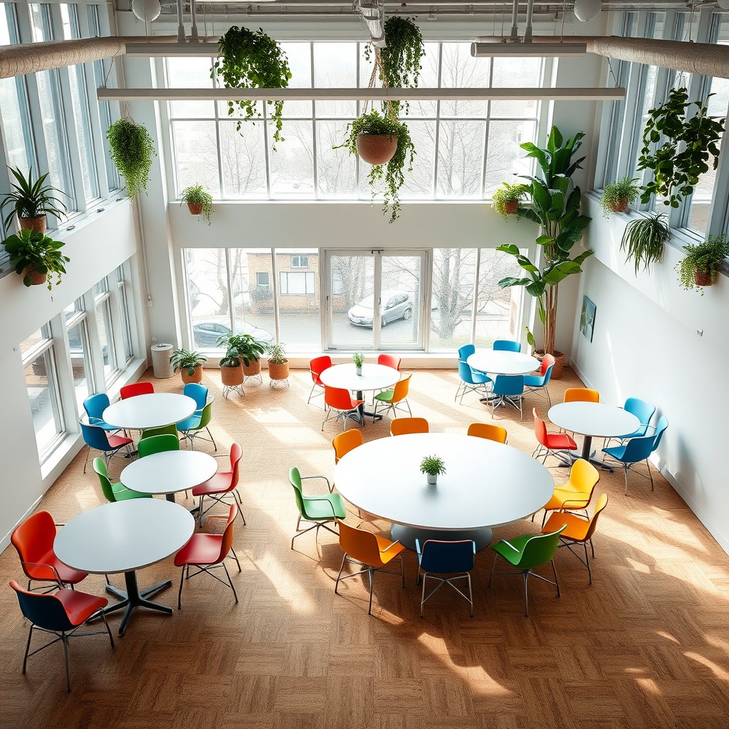 An innovative and visually striking layout for a meeting space featuring a unique arrangement of tables and chairs