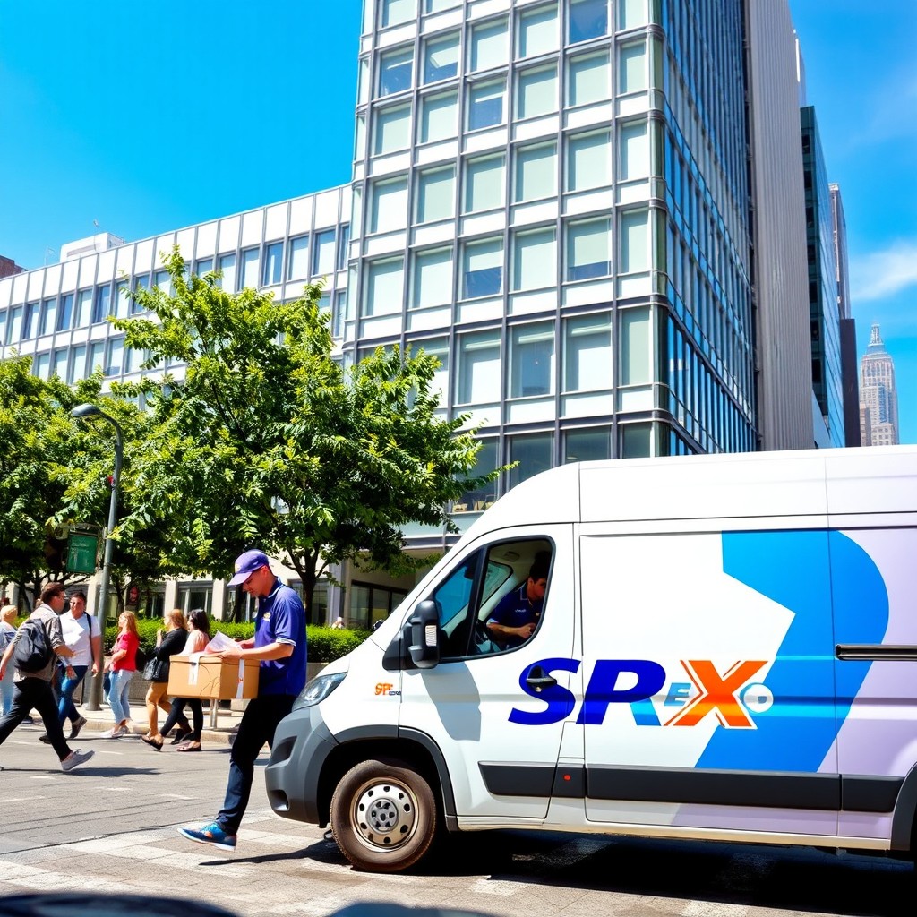 An SPX Express delivery vehicle parked in front of a modern urban building, with a delivery person in a branded uniform unloading packages