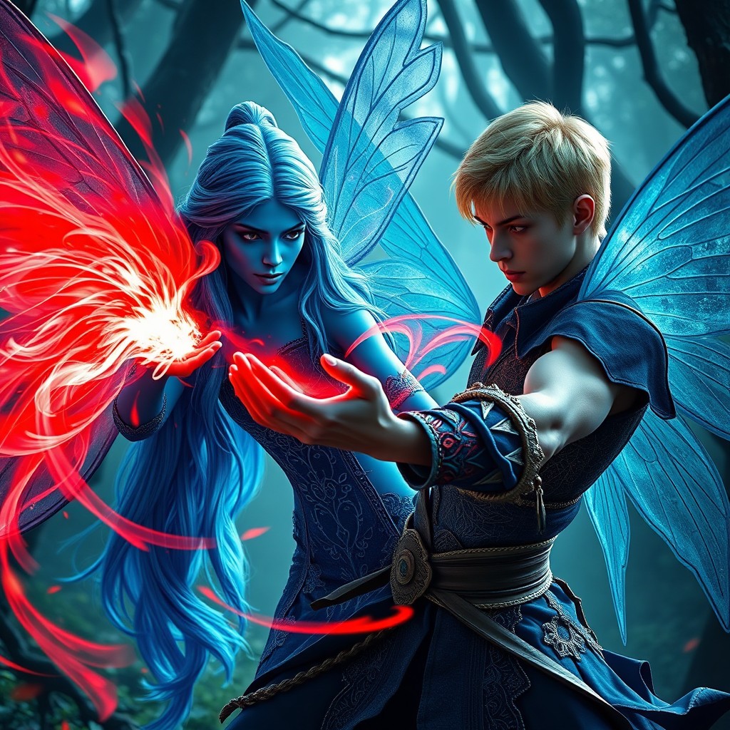 A UHD hyper realistic fantasy scene featuring a female blue fairy with striking blue skin, voluminous long blue hair cascading down her back, and an intricately designed blue dress