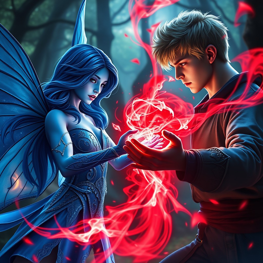 A UHD hyper realistic fantasy scene showcasing a female blue fairy with stunning blue skin, flowing long blue hair, and a beautifully designed blue dress that shimmers in the light