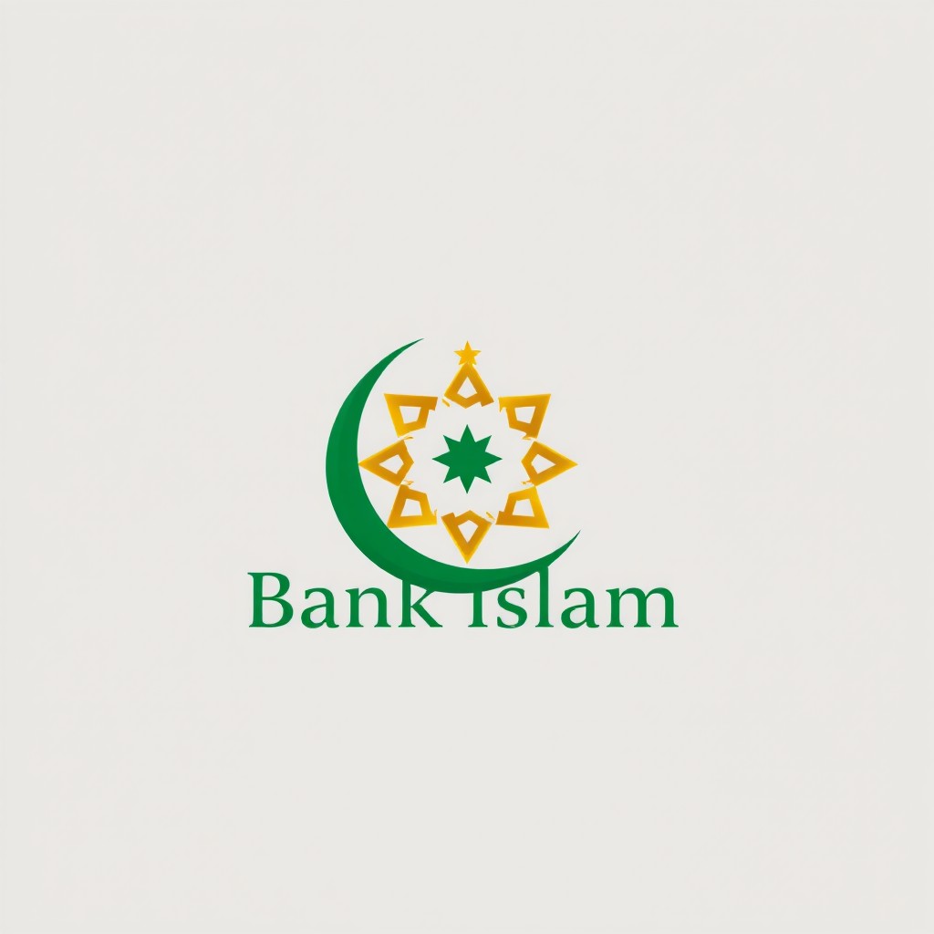 A modern and elegant logo design for Bank Islam, showcasing Islamic motifs such as a crescent moon and star, combined with contemporary typography