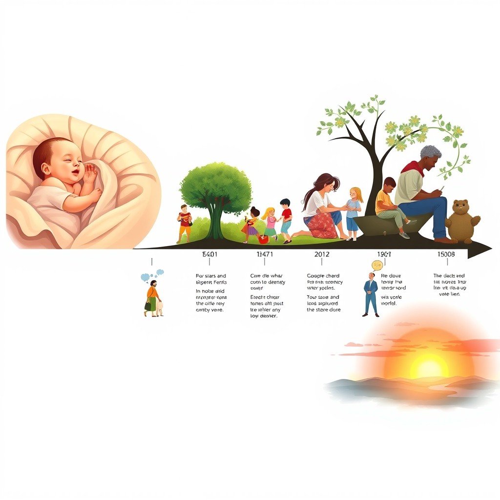 An artistic representation of the human experience from birth to death, depicted in a timeline format