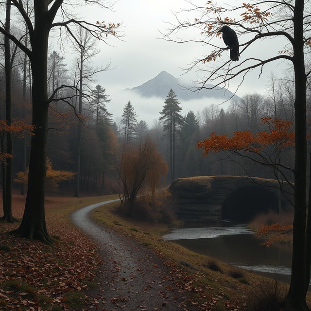 A serene yet somber landscape depicting the theme of death, featuring a winding path through an ancient forest surrounded by mist