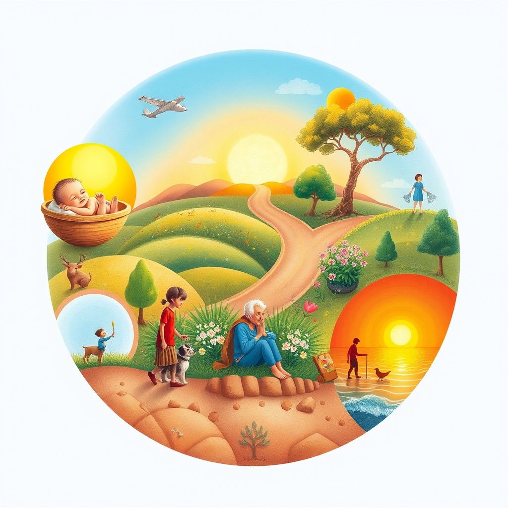 A beautifully illustrated metaphorical journey representing the cycle of life from birth to death