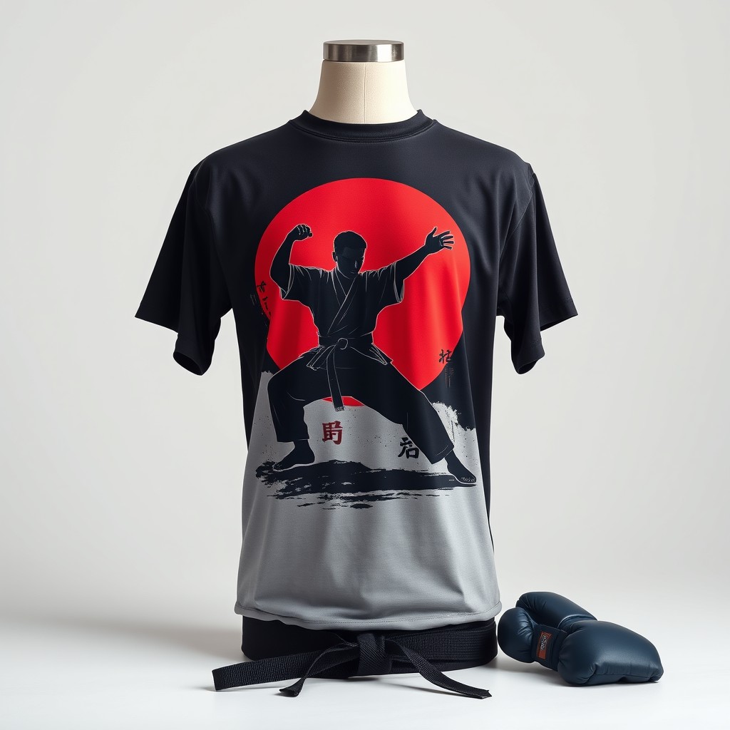 A stylish karate-themed t-shirt design featuring a silhouette of a martial artist in a dynamic kung fu pose, surrounded by traditional Japanese symbols like kanji characters for 'strength' and 'courage'