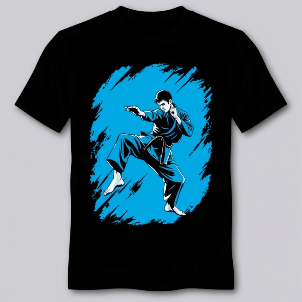 A stylish black t-shirt featuring a dynamic karate design in vibrant blue, showcasing a martial artist in an action pose with a striking kick