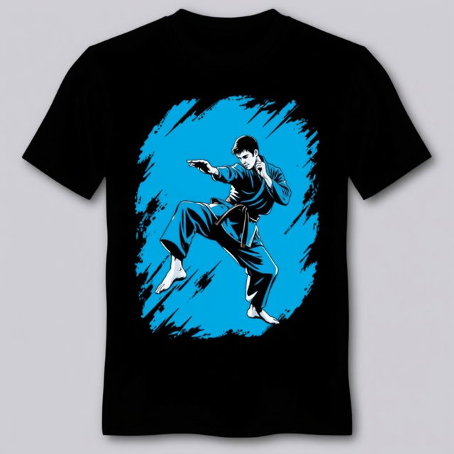 A stylish black t-shirt featuring a dynamic karate design in vibrant blue, showcasing a martial artist in an action pose with a striking kick