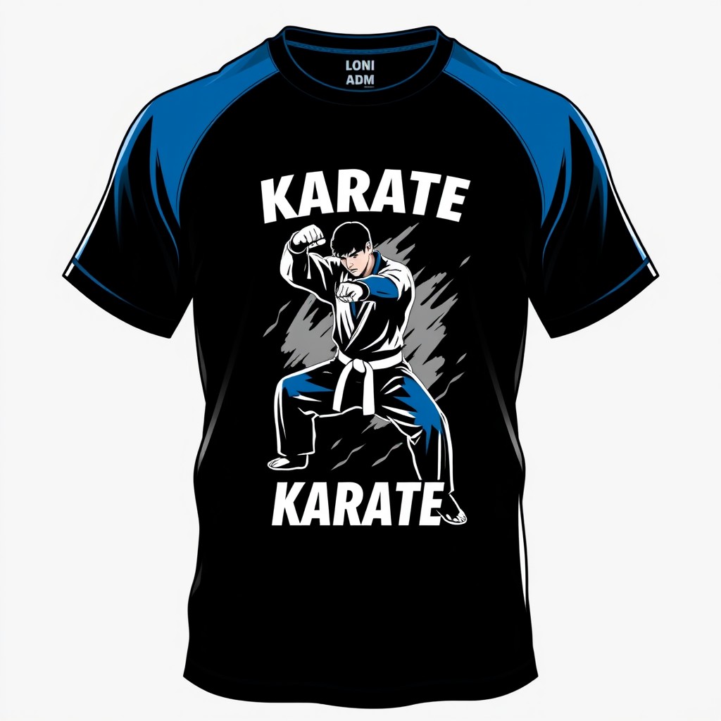 A stylish karate t-shirt design featuring a striking combination of black and blue colors