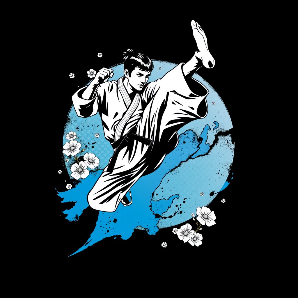 A stylish black and blue karate t-shirt design featuring a dynamic action shot of a karateka (martial artist) performing a high kick