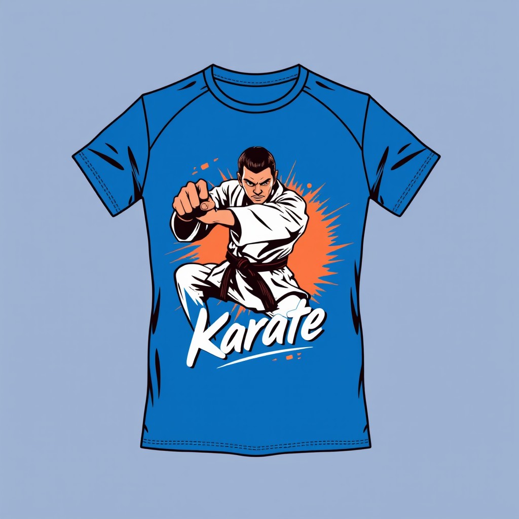 A vibrant blue karate t-shirt design displaying a bold graphic of a karateka (martial artist) in mid-action performing a powerful punch