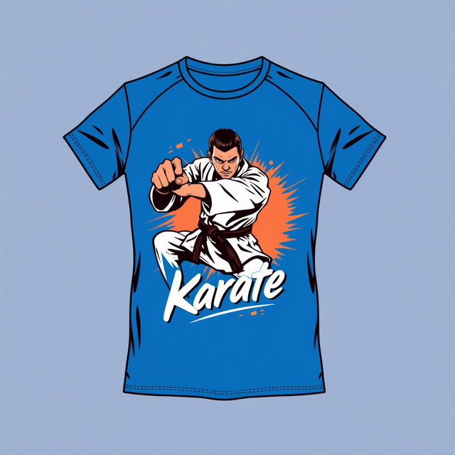A vibrant blue karate t-shirt design displaying a bold graphic of a karateka (martial artist) in mid-action performing a powerful punch