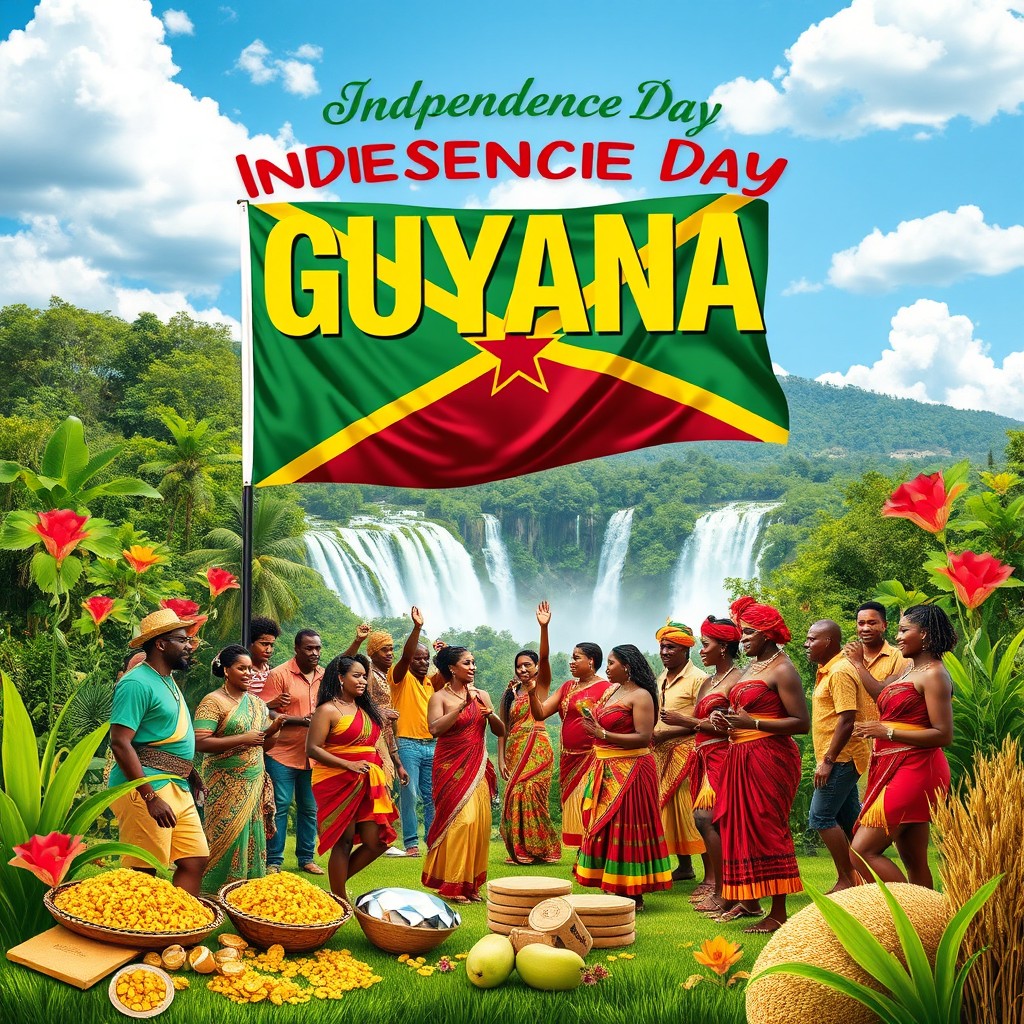 A vibrant celebration of Guyanese history and beauty, featuring a diverse group of people in traditional attire, symbolizing the rich cultural heritage of Guyana