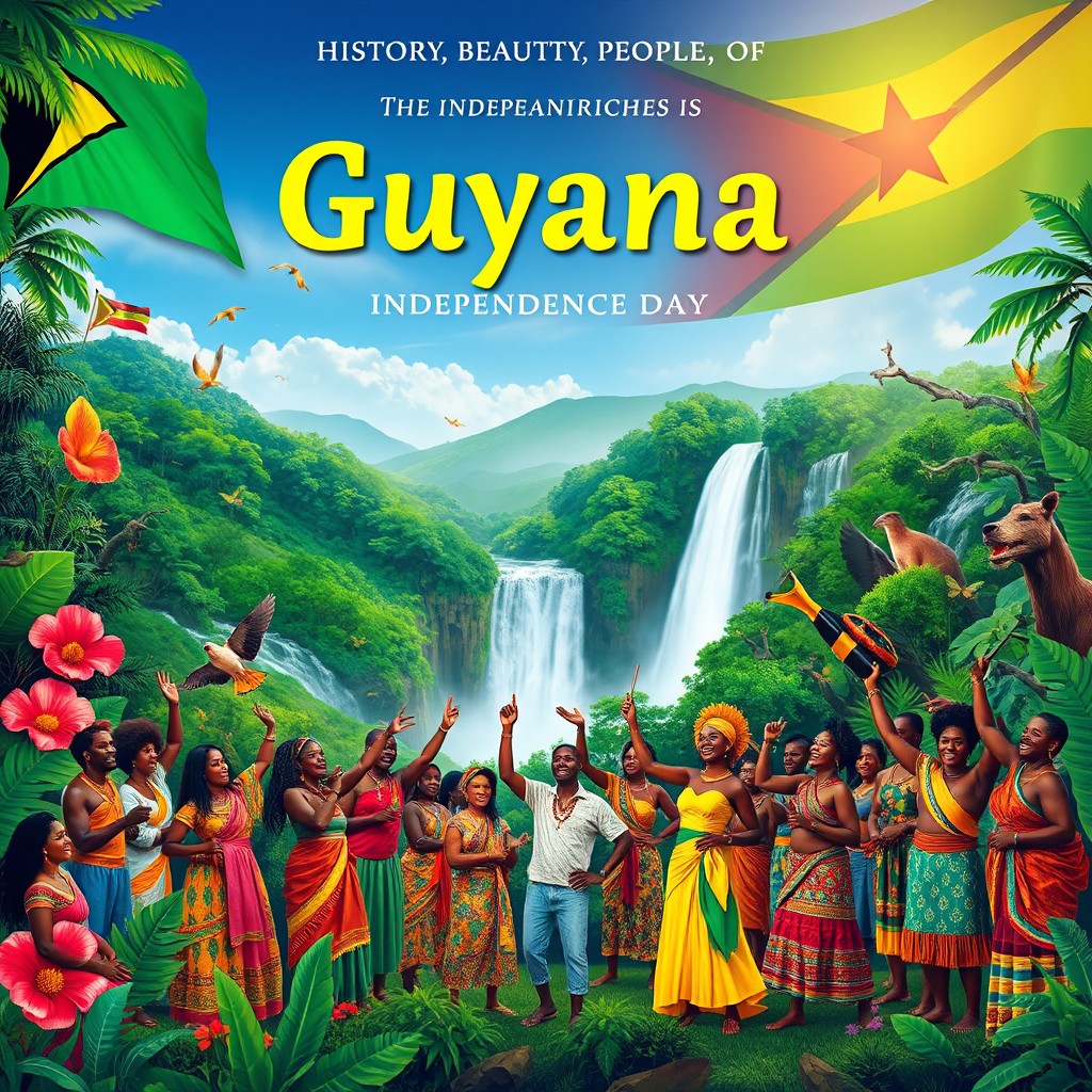 An artistic representation celebrating the history, beauty, people, and riches of Guyana for an Independence Day post