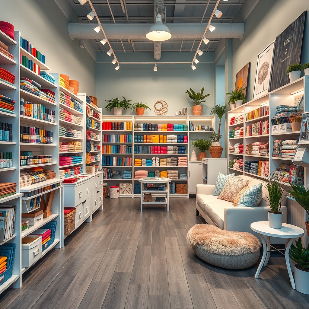 A beautifully arranged mercería store with a modern aesthetic, featuring a gray wooden floor, light blue walls, and white furniture