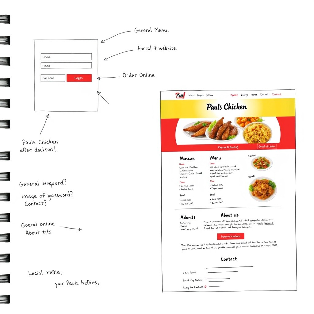 A detailed sketch of a website layout for 'Paul's Chicken'