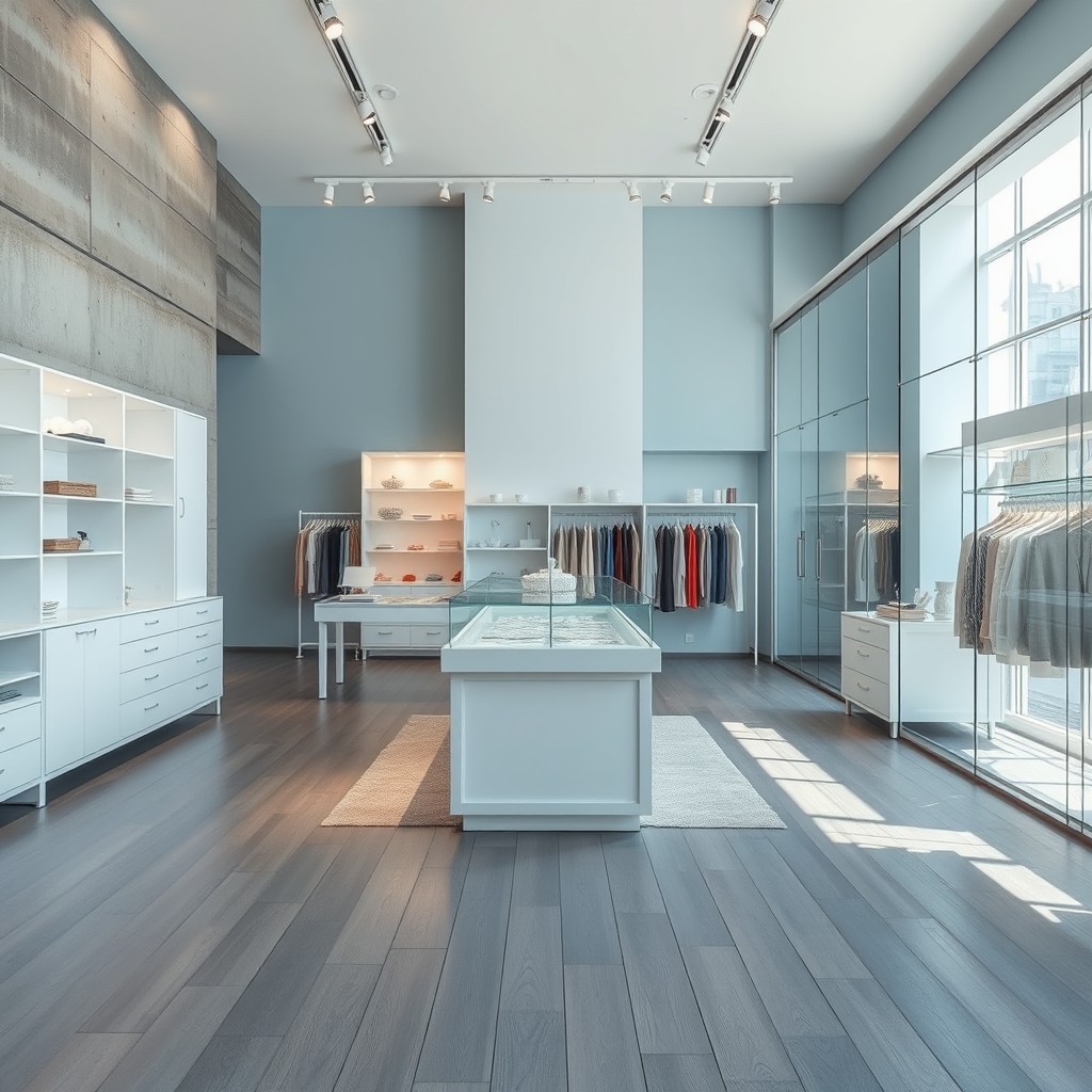 A beautifully designed mercería (haberdashery store) featuring a grey wooden floor and light blue walls