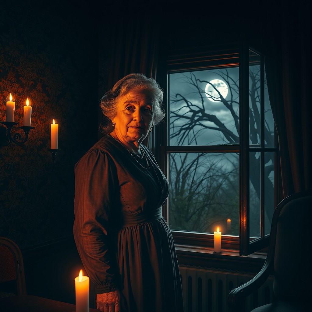 An elderly woman standing by a window in a dark, old Victorian-style house