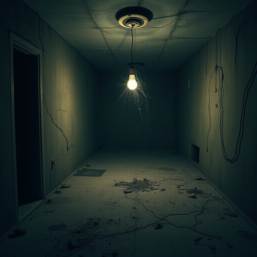 An abandoned basement, filled with dust and cobwebs, presenting a chilling and eerie atmosphere