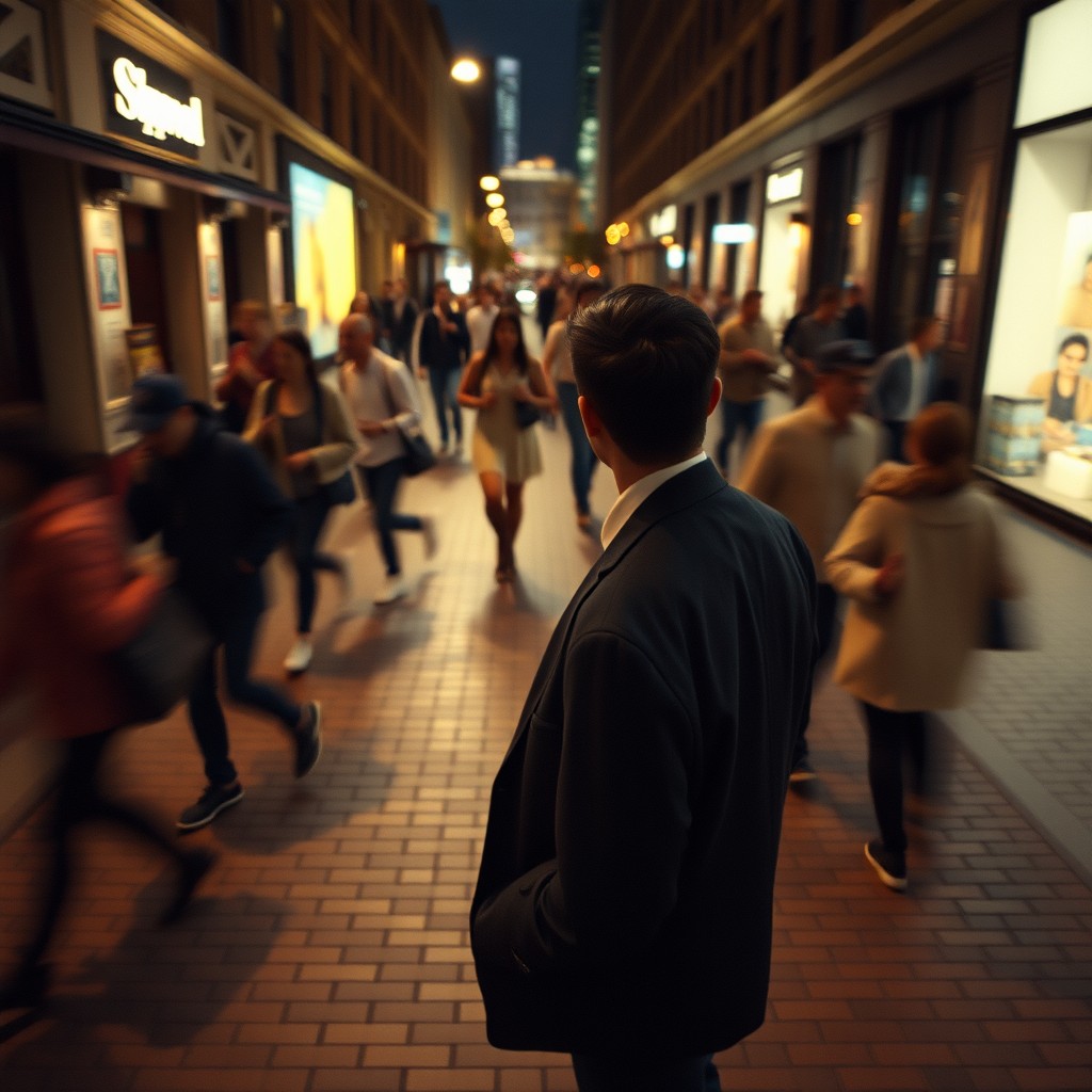 Cinematic overhead shot of a person standing still on a brick city sidewalk, wearing a dark oversized blazer, surrounded by a motion-blurred crowd rushing past