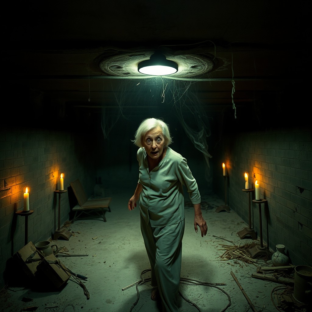 An abandoned basement, filled with dust and cobwebs, featuring a terrifying ambiance that evokes a sense of fear