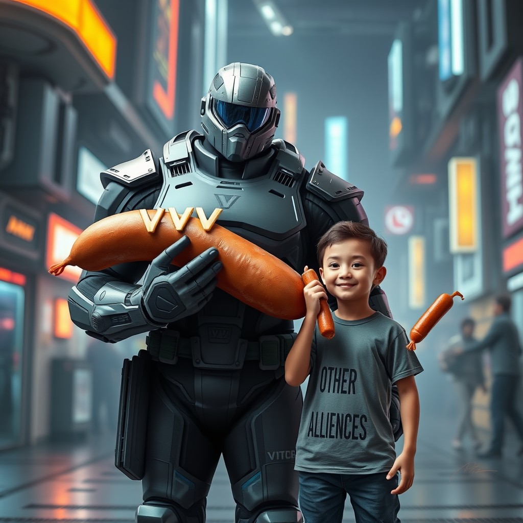 A muscular future soldier wearing sleek, futuristic armor, proudly named 'VVV', holds a very large sausage in front of him, showcasing his strength and confidence