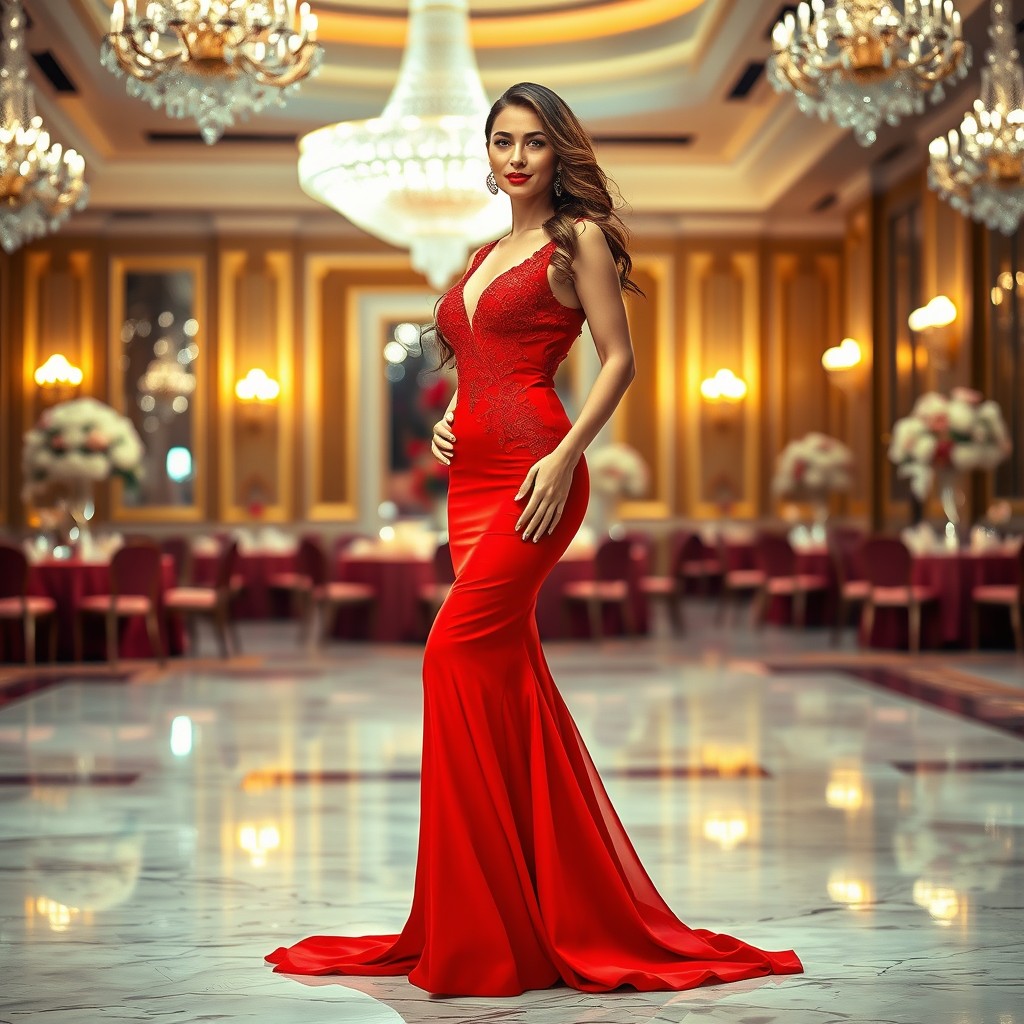 A glamorous, full-length portrait of an elegant woman in a flowing, vibrant, red evening gown that cascades to the floor, adorned with intricate lace details and a mermaid silhouette