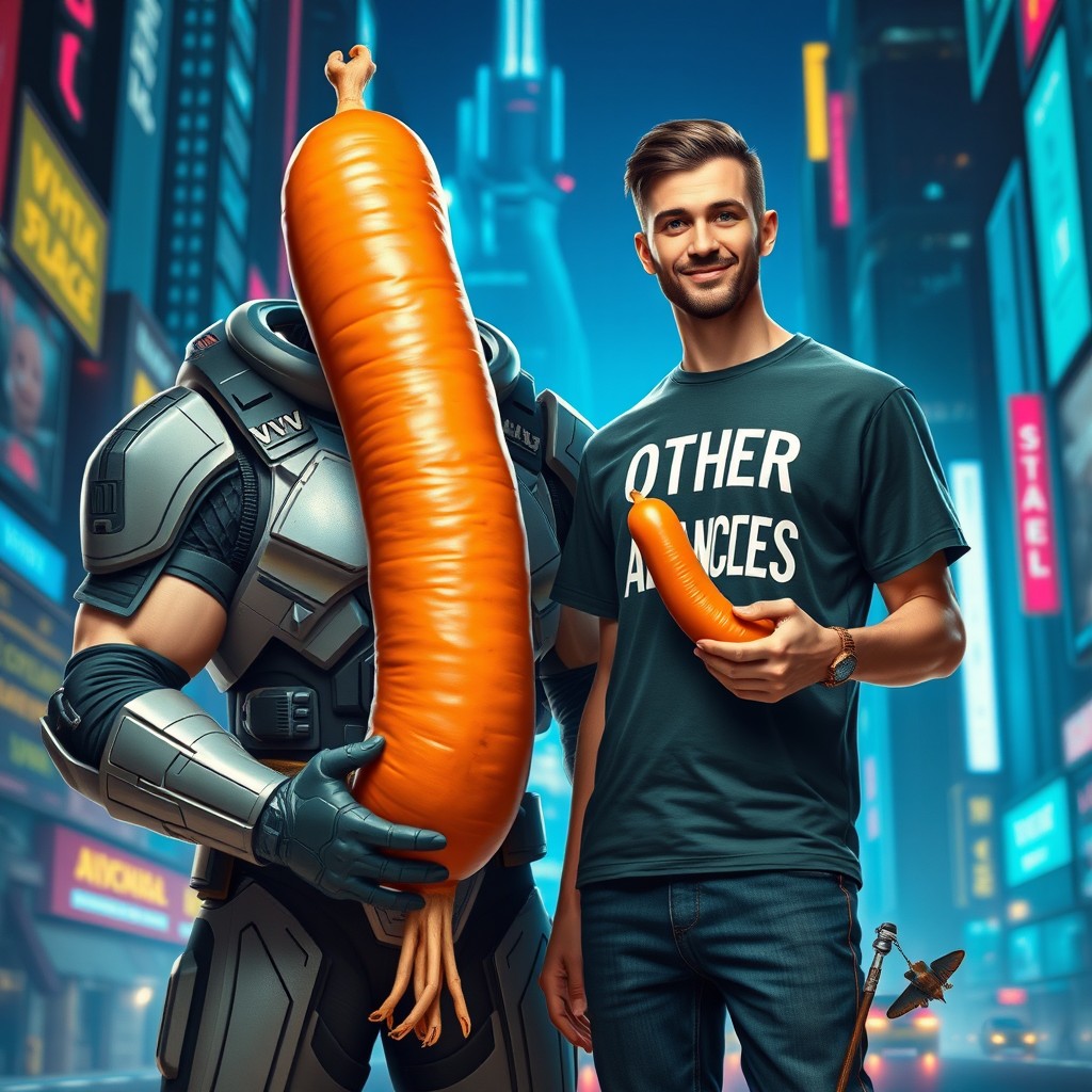 A muscular future soldier clad in sleek, high-tech armor, named 'VVV', confidently holds a very large sausage in front of him