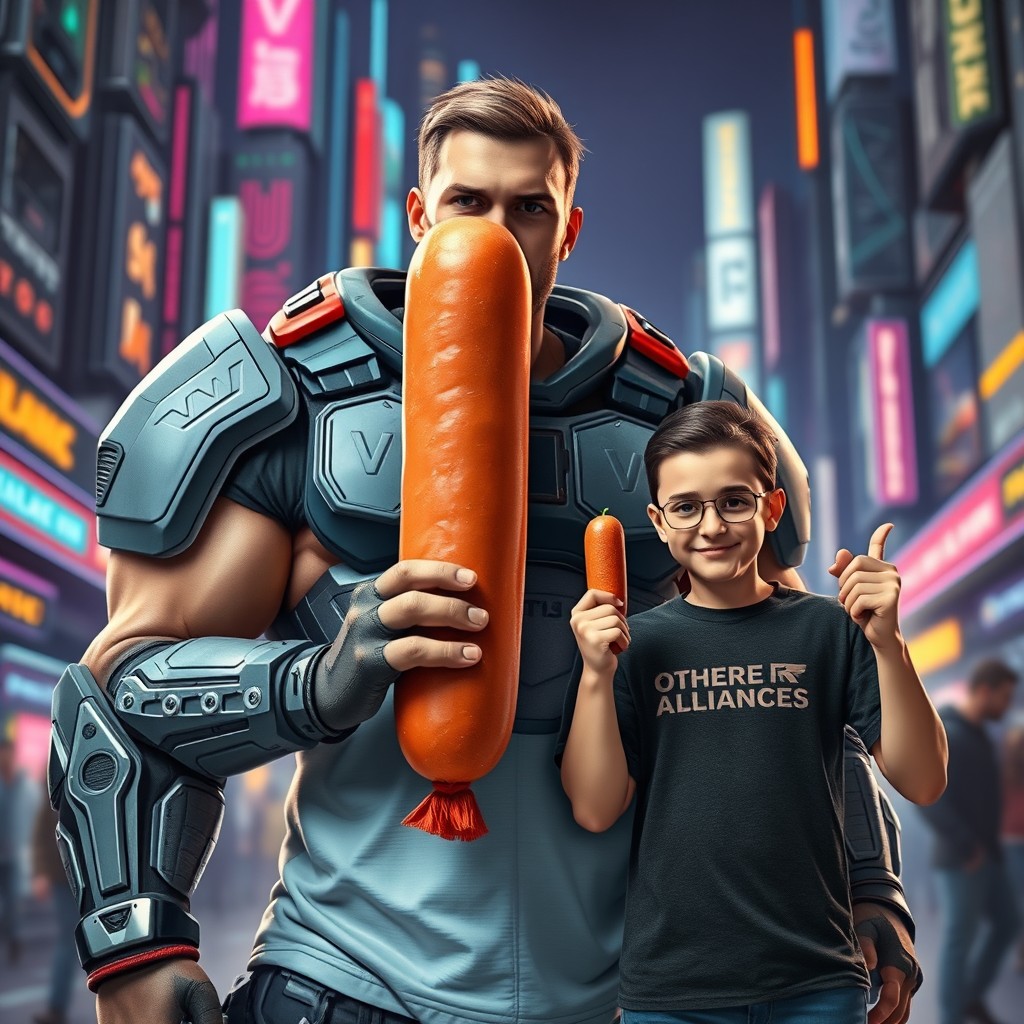 A muscular future soldier clad in advanced, high-tech armor, named 'VVV', confidently holds a very large sausage in front of him, showcasing his strength and imposing stature