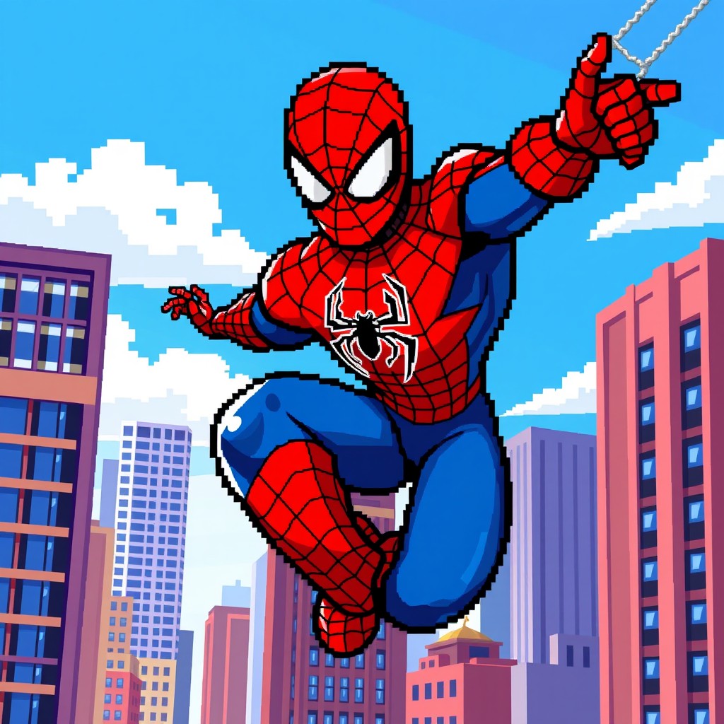A vibrant pixel art representation of Spider-Man, featuring his iconic red and blue suit with the spider emblem prominently displayed on his chest, swinging between skyscrapers in a city skyline