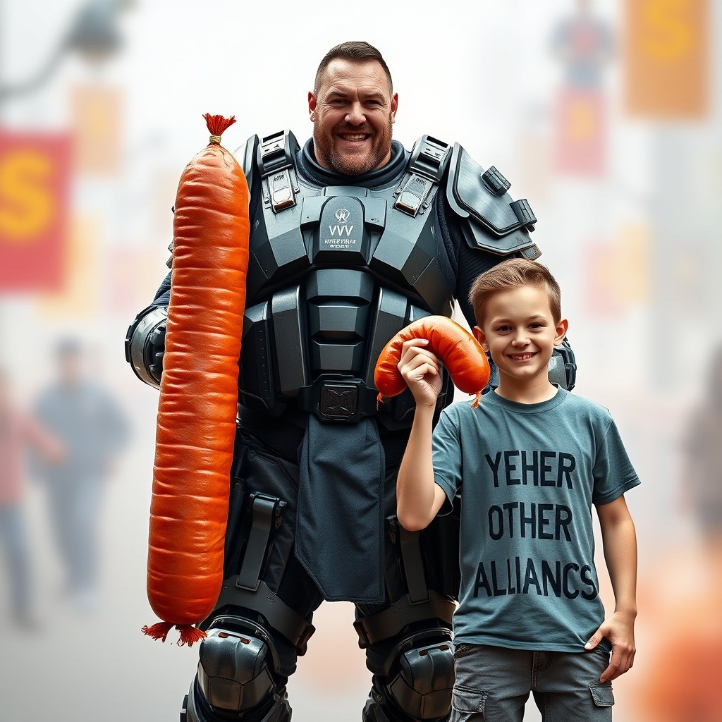 A muscular soldier dressed in advanced armor, known as 'VVV', confidently holds a very large sausage in front of him, highlighting his impressive physique