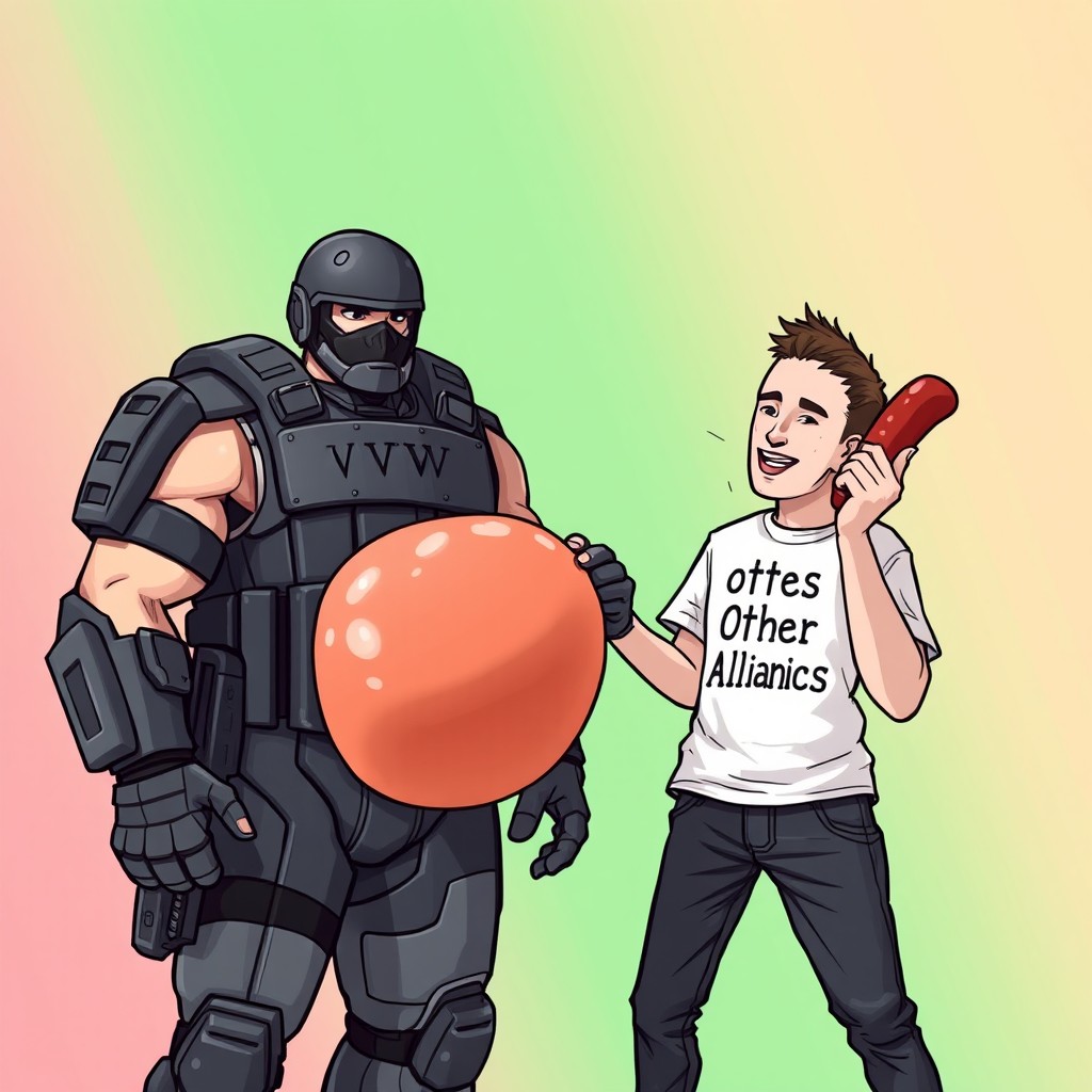 A muscular soldier dressed in combat armor, known as 'VVV', stands confidently holding a very large sausage in front of him