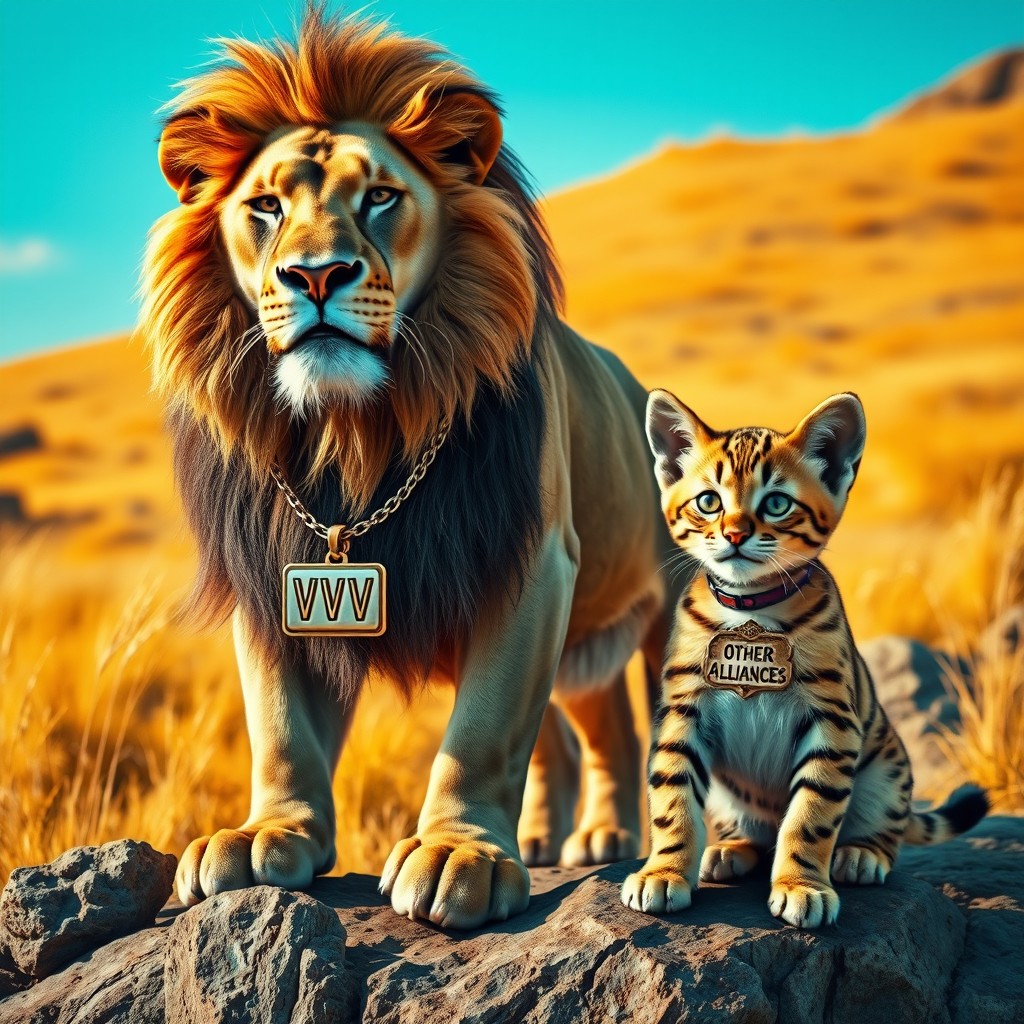 A powerful and fierce lion wearing a shiny neck chain, proudly displaying his name 'VVV' on a tag