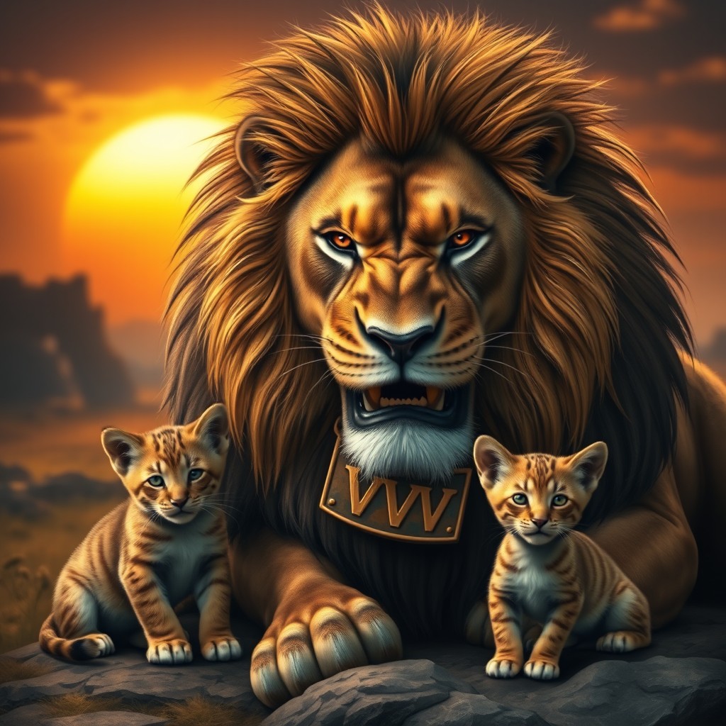 A realistic and fierce lion with a powerful presence, wearing a prominent neck chain that has the name 'VVV' emblazoned on it