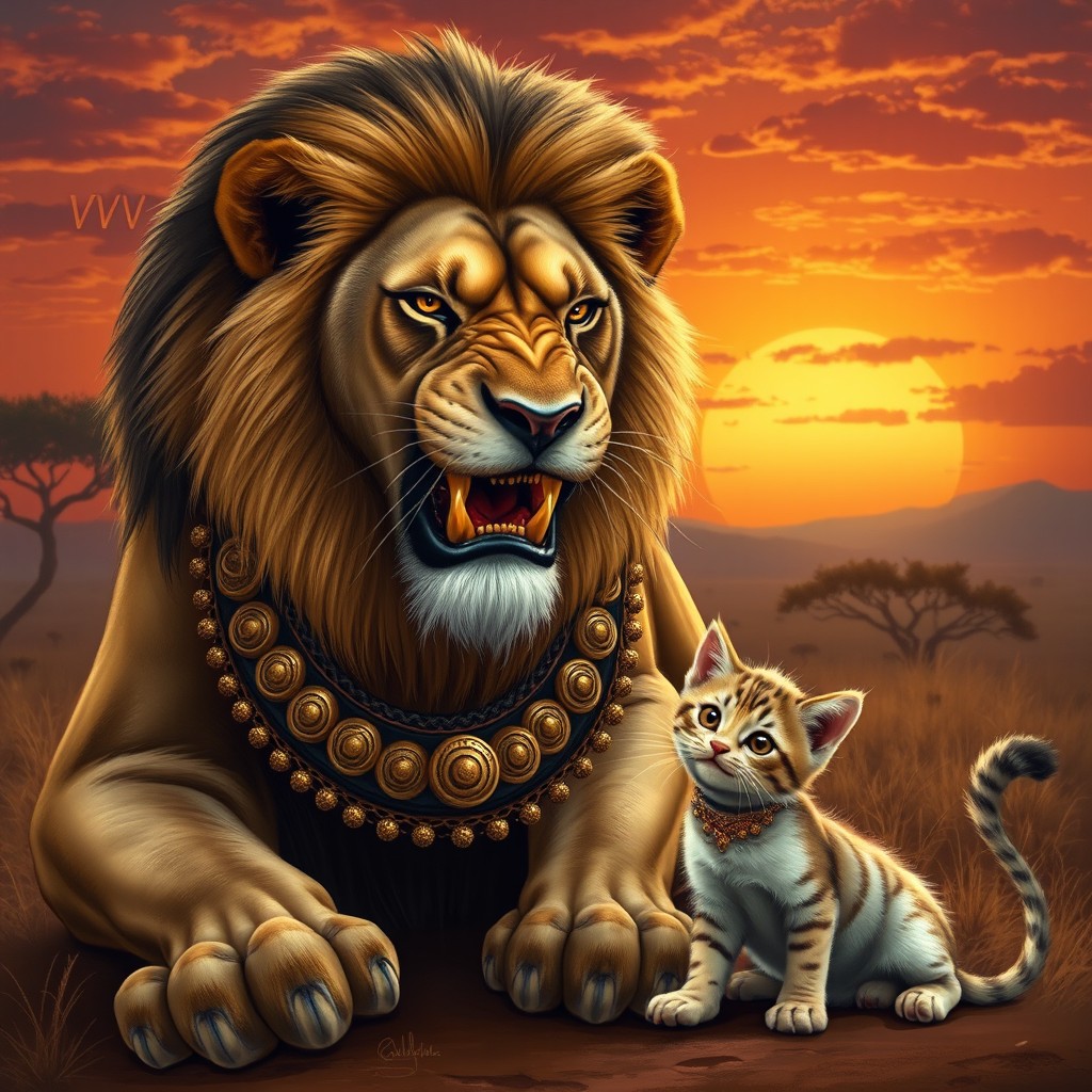 A realistic depiction of a fierce and powerful lion named VVV, showcasing its muscular build and fierce expression, adorned with a thick, decorative neck chain that emphasizes its regal presence