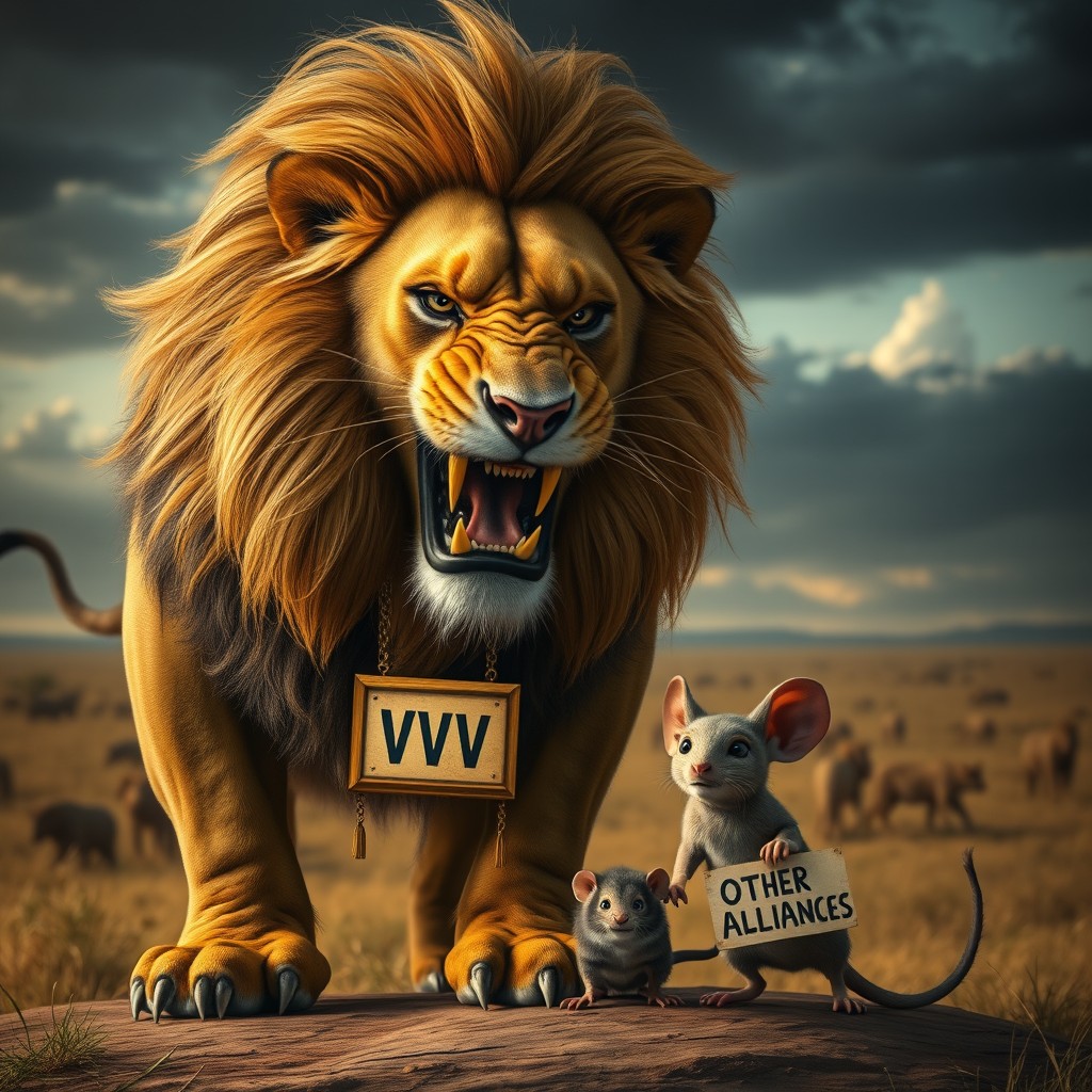 A dramatic scene featuring a large, imposing lion with a fierce and angry expression, wearing a prominent neck chain labeled 'VVV'