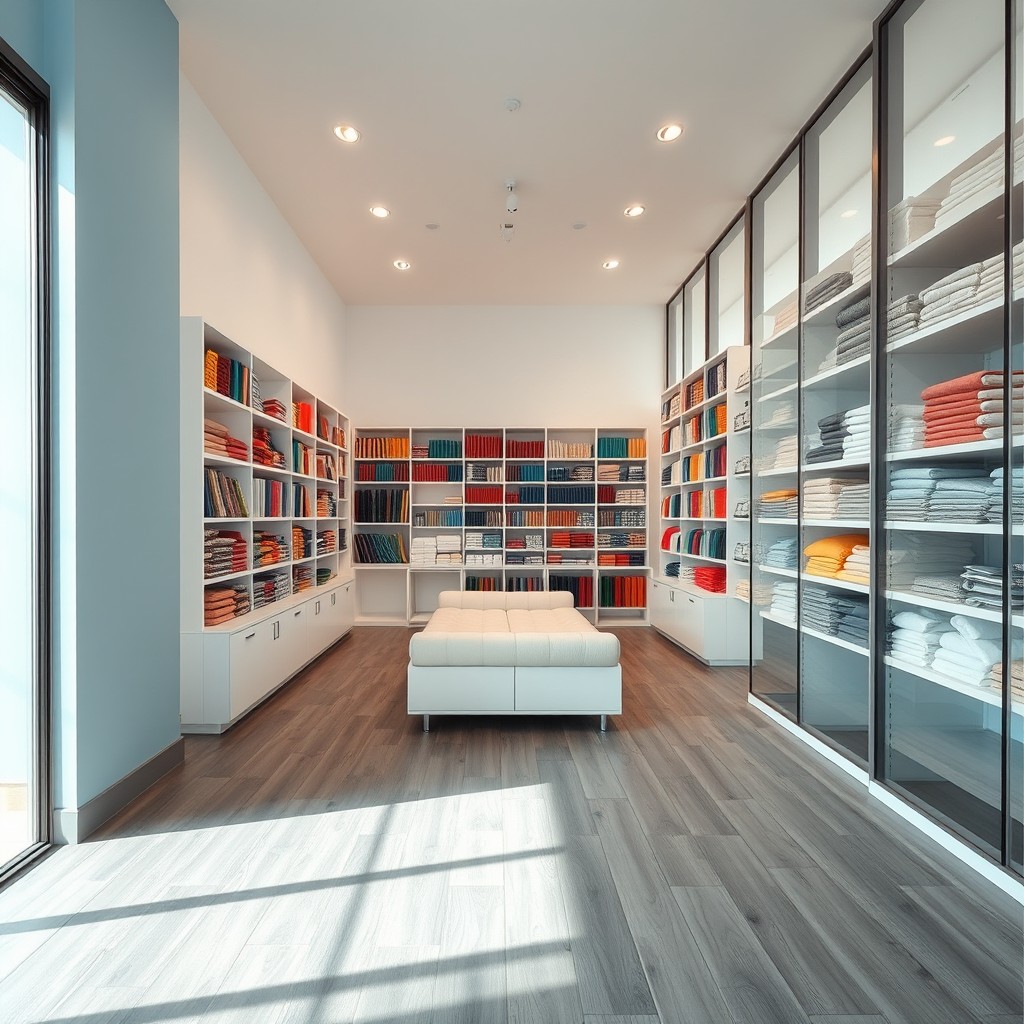 Interior of a modern mercería (haberdashery) and sublimation shop, viewed from the entrance door
