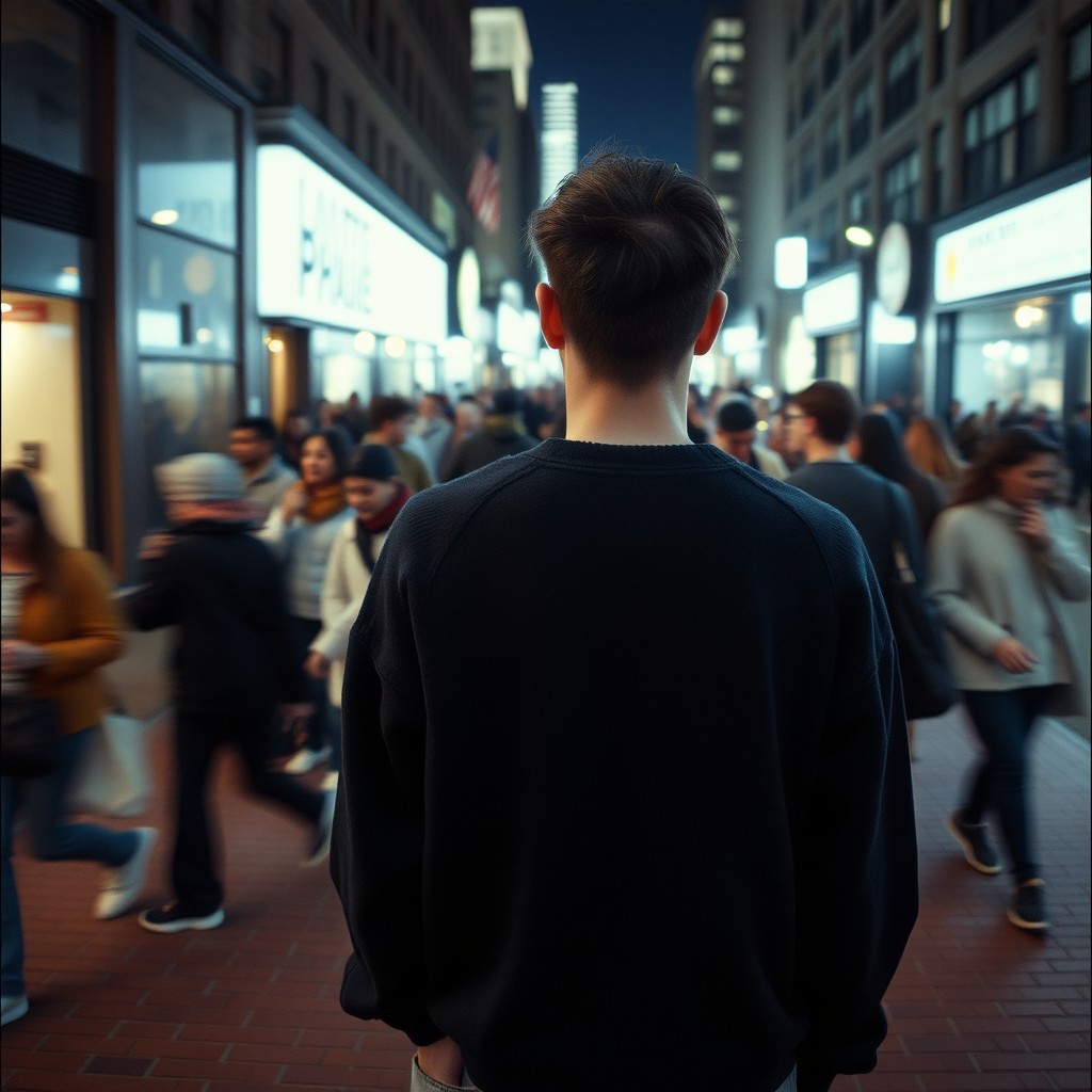 Cinematic overhead shot of a person standing still on a brick city sidewalk, wearing a dark oversized sweater
