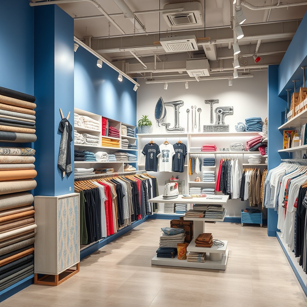 A modern clothing and printing shop combined with a haberdashery, measuring 15 square meters in size