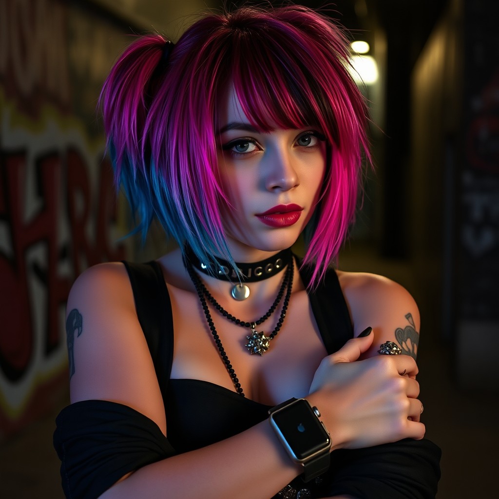 A stylish emo girl with vibrant dyed hair, showcasing a unique fashion sense that includes dark clothing and accessories
