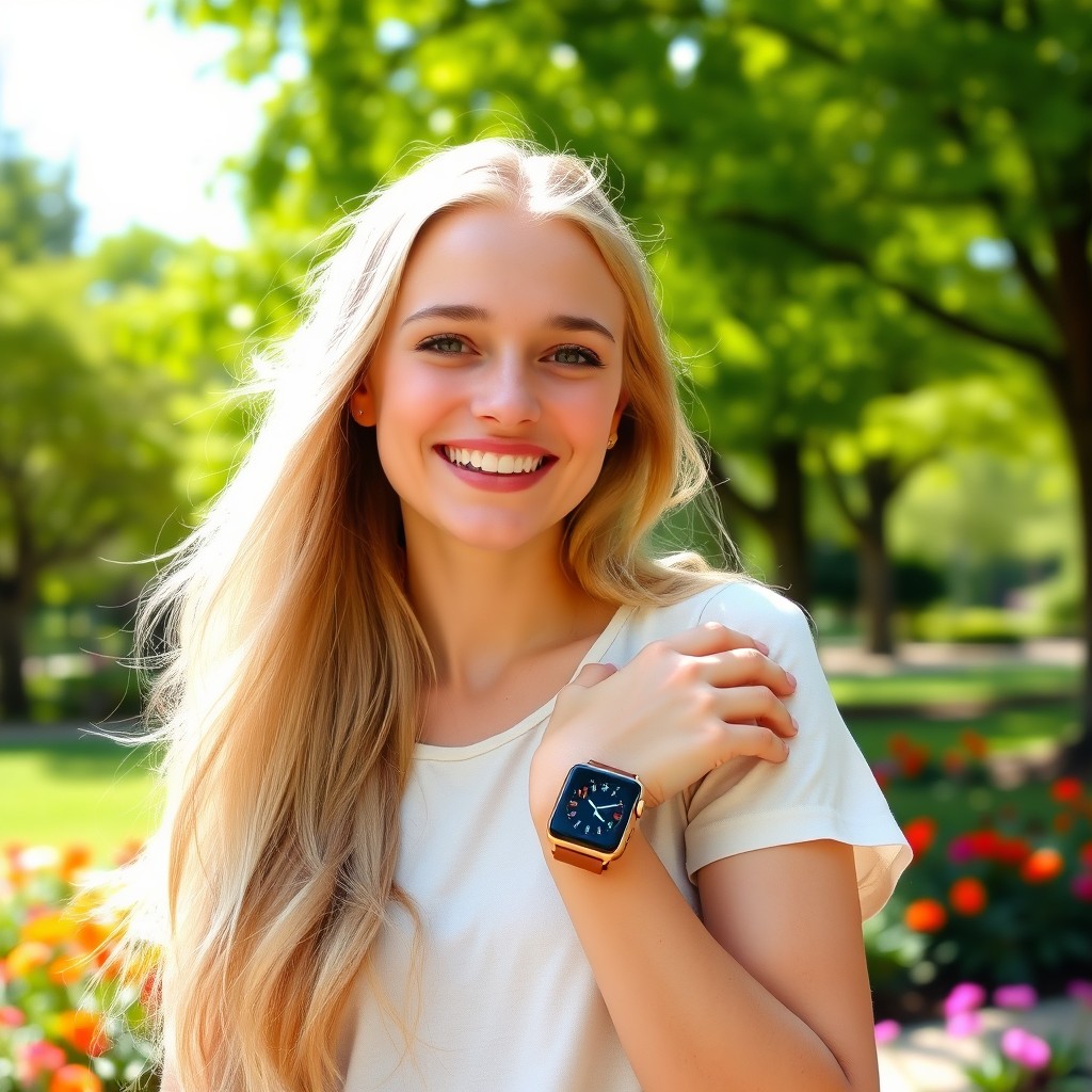 A beautiful blonde girl with long flowing hair, wearing a stylish brown Apple Watch on her wrist