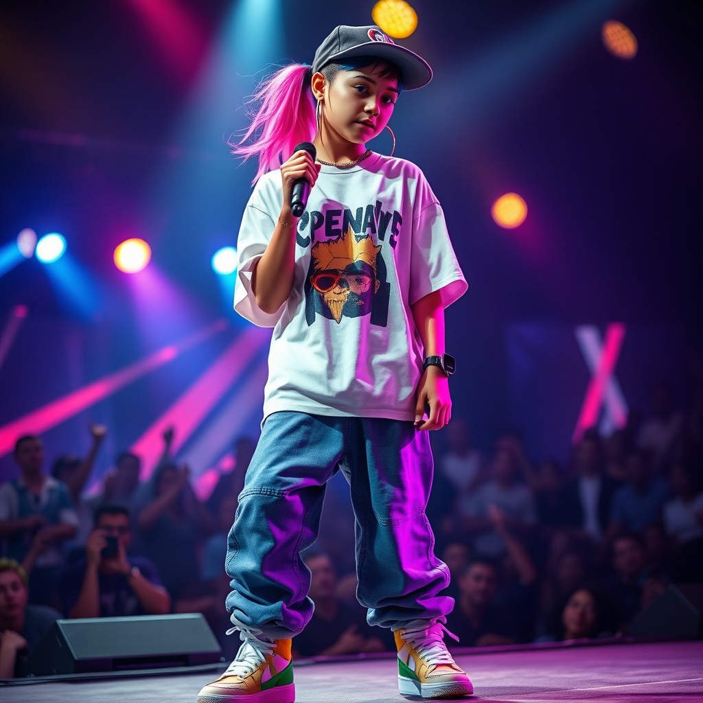 A stylish and confident girl rapper standing on stage, wearing trendy urban fashion, including oversized graphic t-shirts, baggy jeans, and flashy sneakers