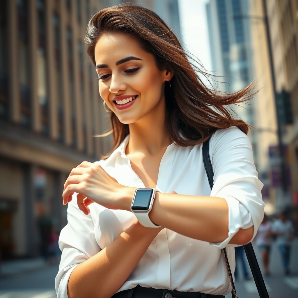 A stylish brunette woman wearing a sleek white Apple Watch