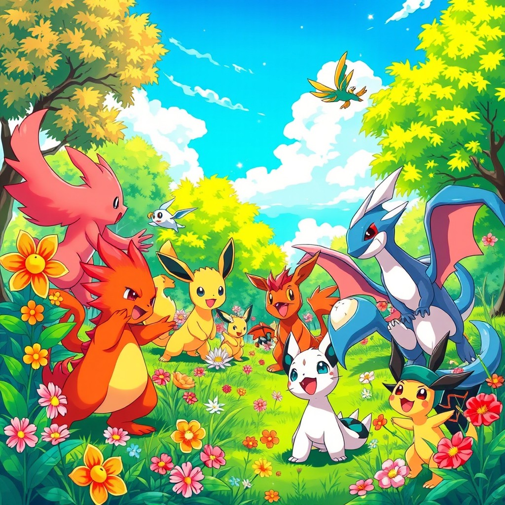 A vibrant and colorful anime-style background featuring various Pokémon in a lively setting