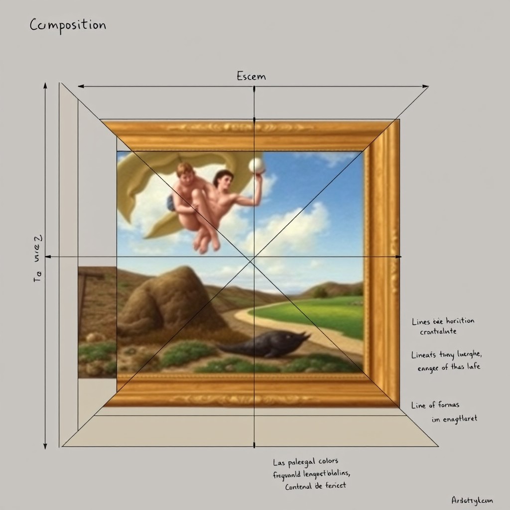 El esquema compositivo representa las estructuras y formas que organizan la obra de arte, incluyendo líneas de horizonte, líneas de fuerza, y los elementos principales dispuestos según la regla de los tercios