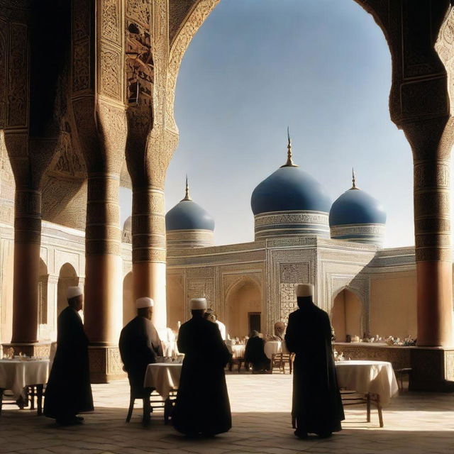 The iconic cafe scene from the movie 'Heat', set in the historic city of Khiva, Uzbekistan, displaying blurred background of distinguished minarets and mosques, with a chilly and slightly menacing ambiance observable in the waiters' demeanor.