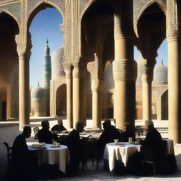 The iconic cafe scene from the movie 'Heat', set in the historic city of Khiva, Uzbekistan, displaying blurred background of distinguished minarets and mosques, with a chilly and slightly menacing ambiance observable in the waiters' demeanor.