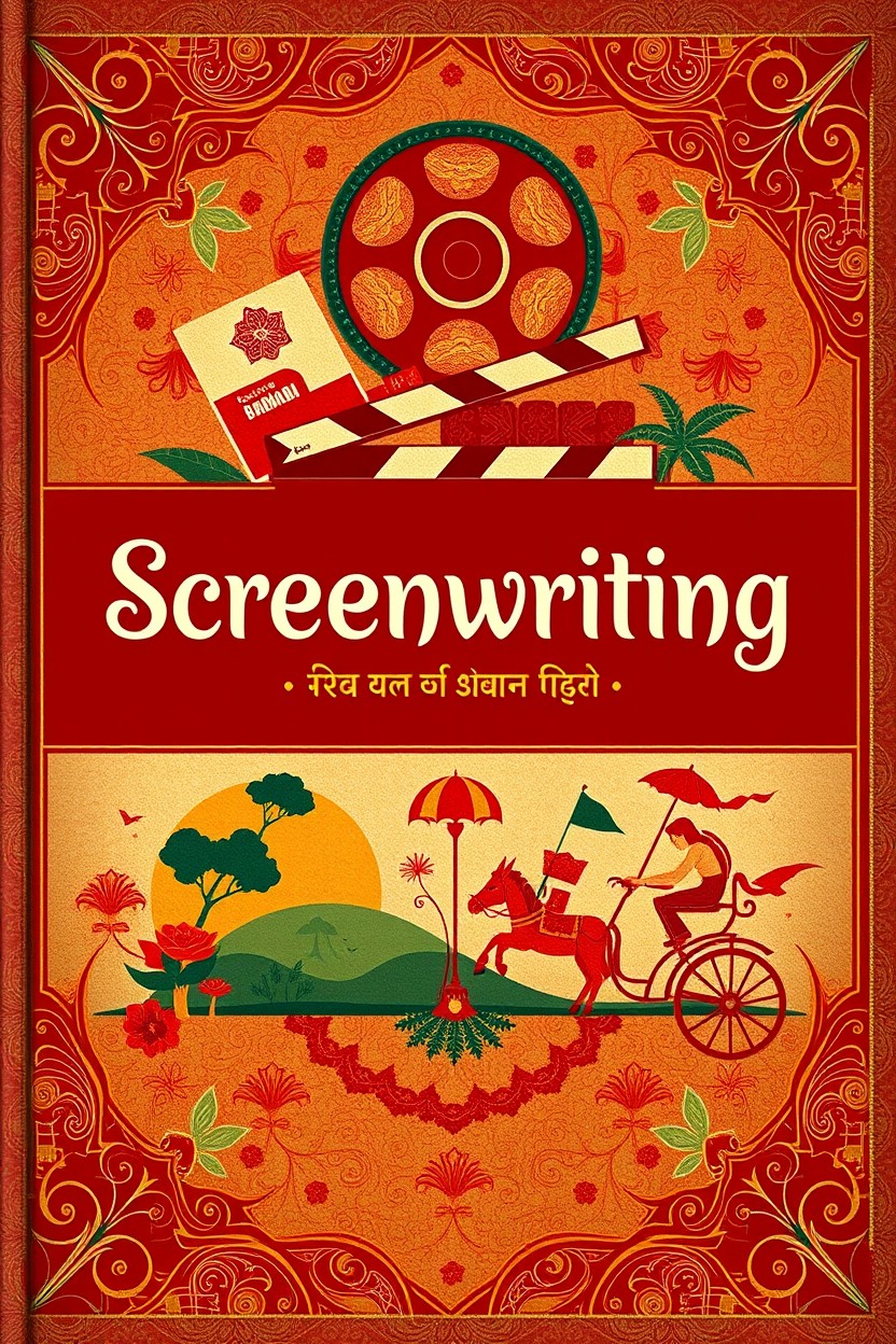 A beautifully designed cover for a book on screenwriting, featuring traditional Bangla elements and modern design