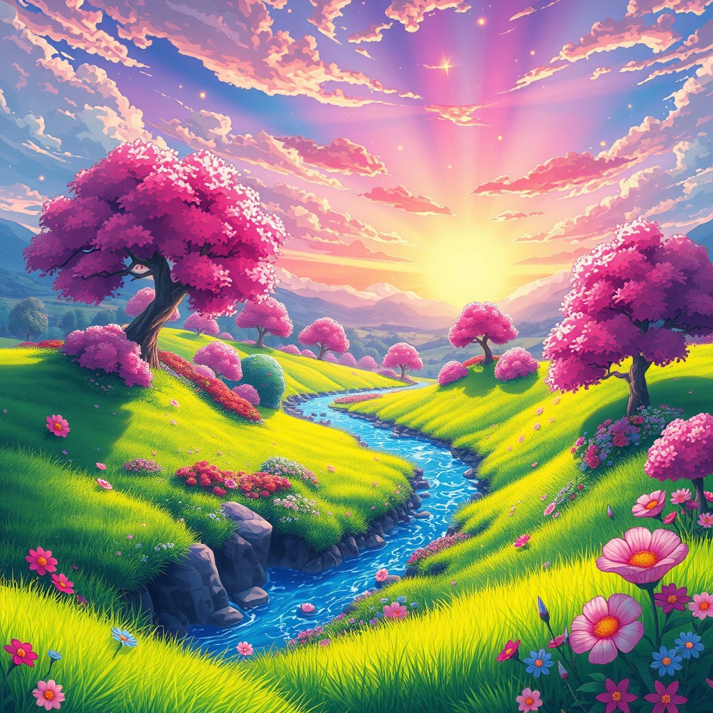 A vibrant anime-inspired background featuring a lush landscape filled with colorful flora and fauna reminiscent of a Pokémon world