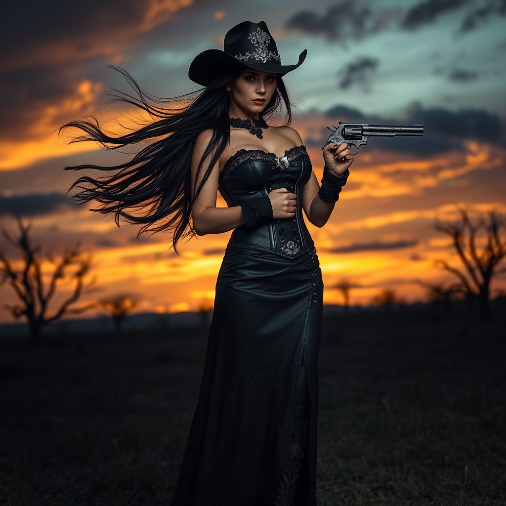 A striking gothic cowgirl standing in a dramatic landscape